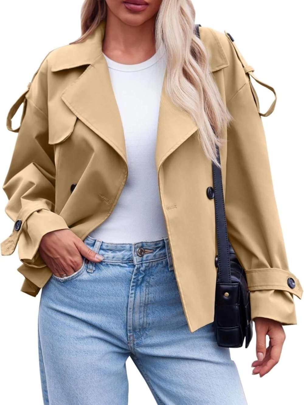 Cropped Trench Coat Double Breasted Windproof Polyester Jacket Small